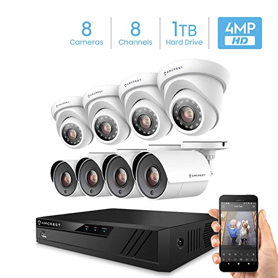 Amcrest UltraHD 4MP 16CH Home Security Camera System with 8 x 4-Megapixel Weatherproof Outdoor Security Cameras, 4MP DVR w/Pre-Installed 1TB Hard Drive, Night Vision, BNC Cables (AMDV40M8-4B4D-W)