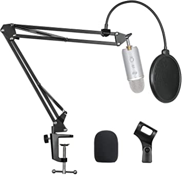 Pipishell Microphone Suspension Scissor Boom Bracket Stand with Pop Filter and Mic Holder, 5/8”Screw for Blue Yeti, Snowball, Spark, Yeti x