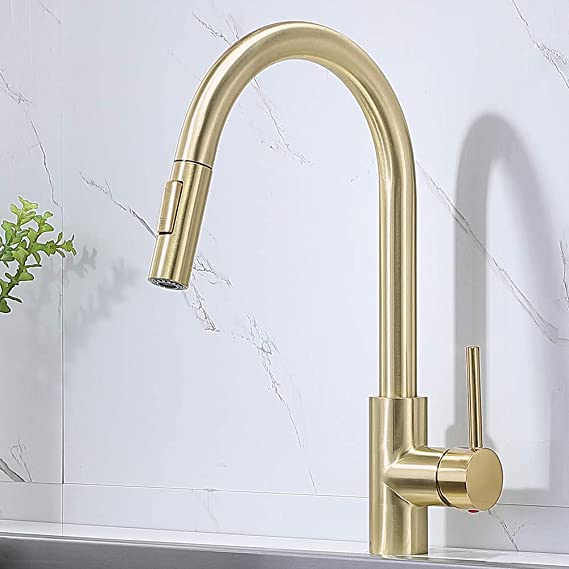 Comllen Best Commercial Single Handle Brushed Gold Pull Out Kitchen Faucet, Brass Kitchen Faucet Single Hole Stainless Steel Kitchen Sink Faucet With Pull Down Sprayer