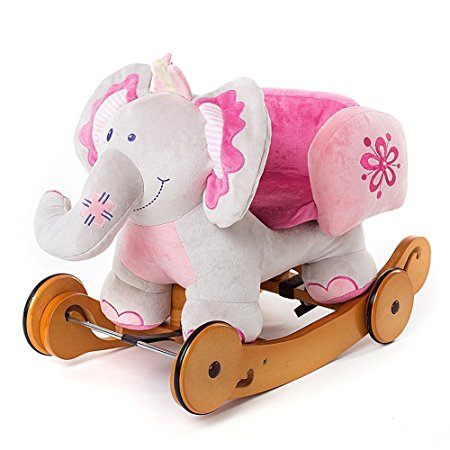 Labebe Modern Plush Rocking Horse with Padded Animal for Little Toddlers Kids Baby Boys & Girls (6-36 Months), Indoor Ride On Toys Rockers with Wheels and Sound Paper - Cute Stuffed Pink Elephant