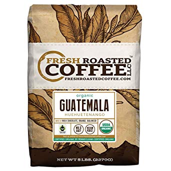 Fresh Roasted Coffee LLC, Organic Guatemalan Huehuetenango Coffee, Medium Roast, USDA Organic, Fair Trade, Whole Bean, 5 Pound Bag