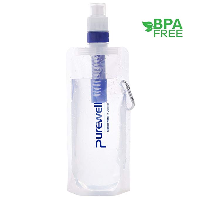 Collapsible Water Filtered Canteens for Hiking, Water Bag/Bottle with Filter, Squeeze Water through a Filter, Antibacterial Lightweight, BPA Free, Leak Proof, Emergency Preparedness, 0.01 Micron Straw