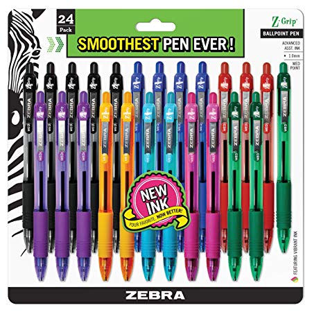 Zebra Pen Z-Grip Retractable Ballpoint Pen, Medium Point, 1.0mm, Assorted Fashion Colors, 24-Count