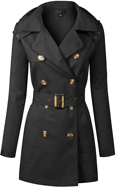 Design by Olivia Women's Double Breasted Long Sleeve Waist Belt Detachable HoodieTrench Coat