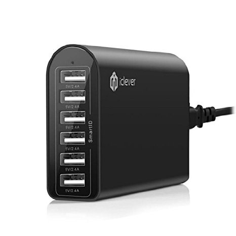 USB Charger iClever 50W 6-Port Desktop Wall Charger (2.4A Max Per Port) Fast Charging Station With SmartID Technology for iPhone 6/ 6 Plus/ 5s/ 4, iPad Air 2/ mini 3/ mini, Samsung Galaxy, Nexus, HTC and More - Black