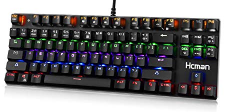 LED Backlit Mechanical Gaming Keyboard - Hcman USB Wired Computer Gaming Keyboard Blue Switches with Cool 6 Colors Light for PC or Mac,87 Keys (Black)
