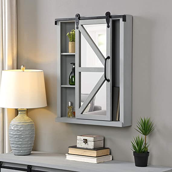 FirsTime & Co. Gray Winona Farmhouse Barn Door Cabinet Mirror, American Designed, Gray, 21 x 5.5 x 28 inches