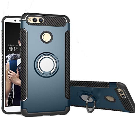 Huawei Honor 7X Case, Ranyi [2 Piece Ring Cover] [Adsorbed iron Plate] [360 Rotating Metal Ring] Hybrid Dual Layer 360 Full Body Protective 2 In 1 Case for Huawei Honor 7X (2017), navy