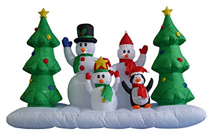 8 Foot Long Inflatable Snowmen Family w/ Pet Penguin Around Christmas Trees