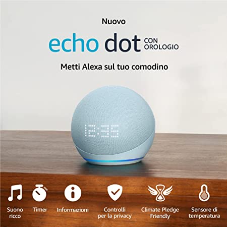 Nuovo Echo Dot (5ª generazione, modello 2022) con orologio | Altoparlante intelligente con orologio e integrazione Alexa | Azzurro tenue