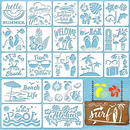 20 Pieces Summer Stencils Reusable Summer Drawing Template Beach Stencils for Scrapbooking Drawing Tracing DIY Furniture Wall Floor Decor, 2 Sizes and 20 Designs