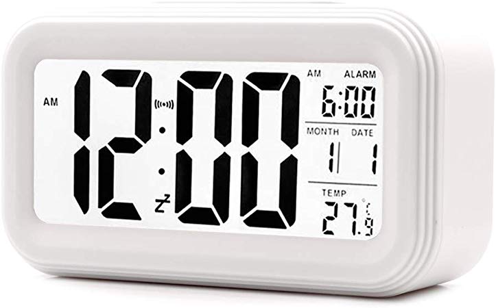 JJCALL Alarm Clock LED Display Digital Alarm Clock Snooze Night Light Battery Clock with Date Calendar Temperature for Bedroom Home Office Travel (White)
