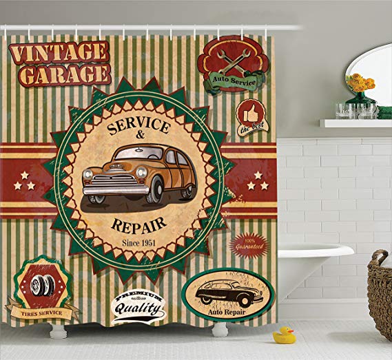 Ambesonne Retro Shower Curtain, Composition of Vintage Retro Car Label in Faint Color Sixties Dated Irony Art, Cloth Fabric Bathroom Decor Set with Hooks, 75 Inches Long, Green Red Cream