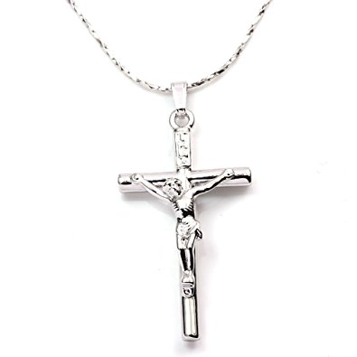 FC JORY White & Rose Yellow Gold Plated Cross Jesus Christ Crucifix Cross Pendant Chain Necklace
