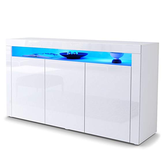 Vladon Sideboard Chest Drawers Valencia, Carcass in White matt/Front in White High Gloss a frame in White High Gloss