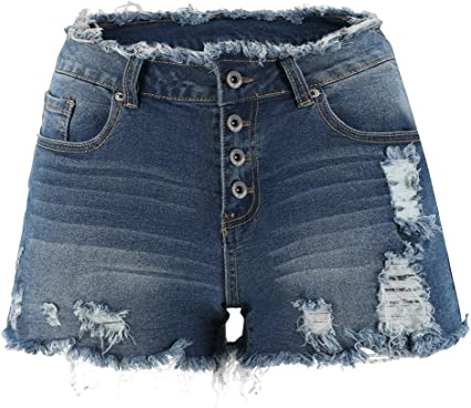 THUNDER STAR Ripped Jean Shorts for Women Mid Rise Frayed Raw Hem Stretchy Denim Shorts