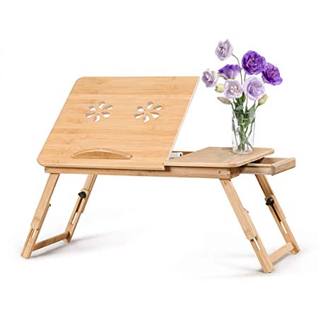 Bamboo Laptop Desk with 5 Level Adjustable Ergonomics Design Portable Laptop Bed Desk Table, Play Games/Work on Bed, Foldable Bed Tray Table with Drawer Stand Up Table