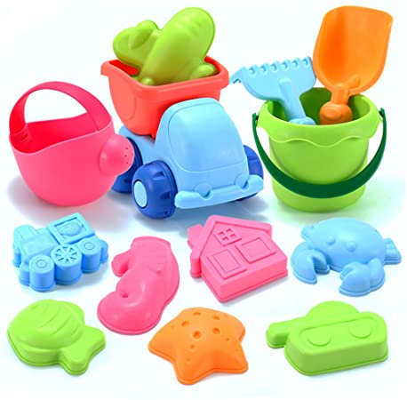 Dreamon 13PCS Set Beach Toys for Toddlers Soft Material Truck Molds with Mesh Bag Sand and Water Play,Assorted Colour