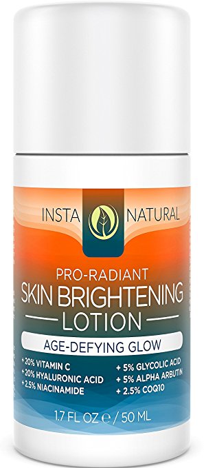Vitamin C 20% Moisturizer Lotion With Hyaluronic Acid 20%, Glycolic Acid 5%, Niacinamide & CoQ10 - Anti Aging Skin Brightening Face Cream for Dry Skin, Wrinkles & Fine Lines - InstaNatural - 1.7 OZ