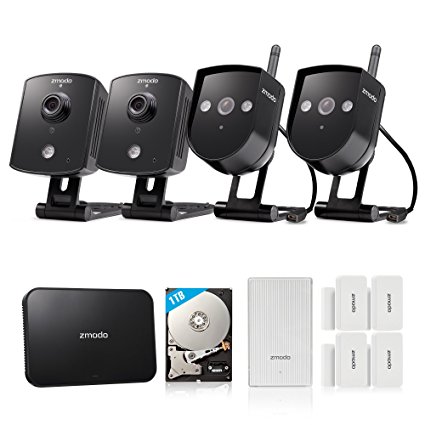 Zmodo Replay 4CH 720P 1TB Wireless Home Surveillance Security Camera System - 2 Outdoor & 2 Indoor IP Network Camera 4 Channel NVR 1TB Hard Drive with Zmodo Beam Alert and 4 Door/Window Sensors