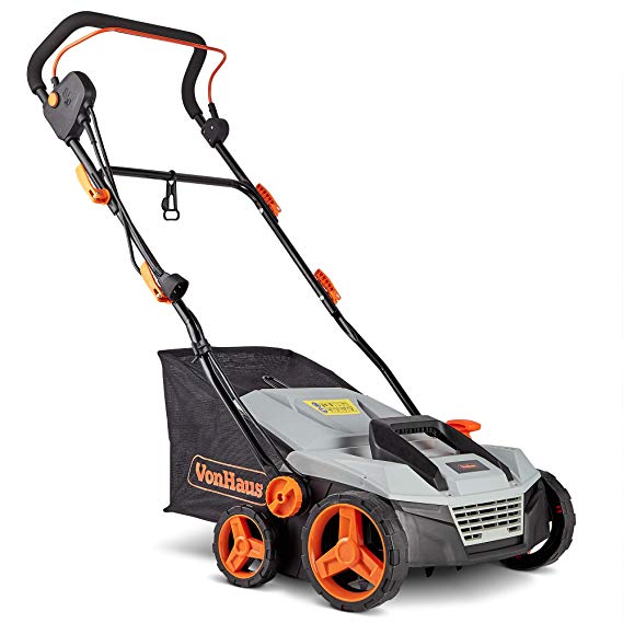 VonHaus 12.5 Amp Corded 15" Electric 2 in 1 Lawn Dethatcher Scarifier and Aerator with 5 Working Depths and 45L Collection Bag - Perfect for Lawn Health and Maintenance