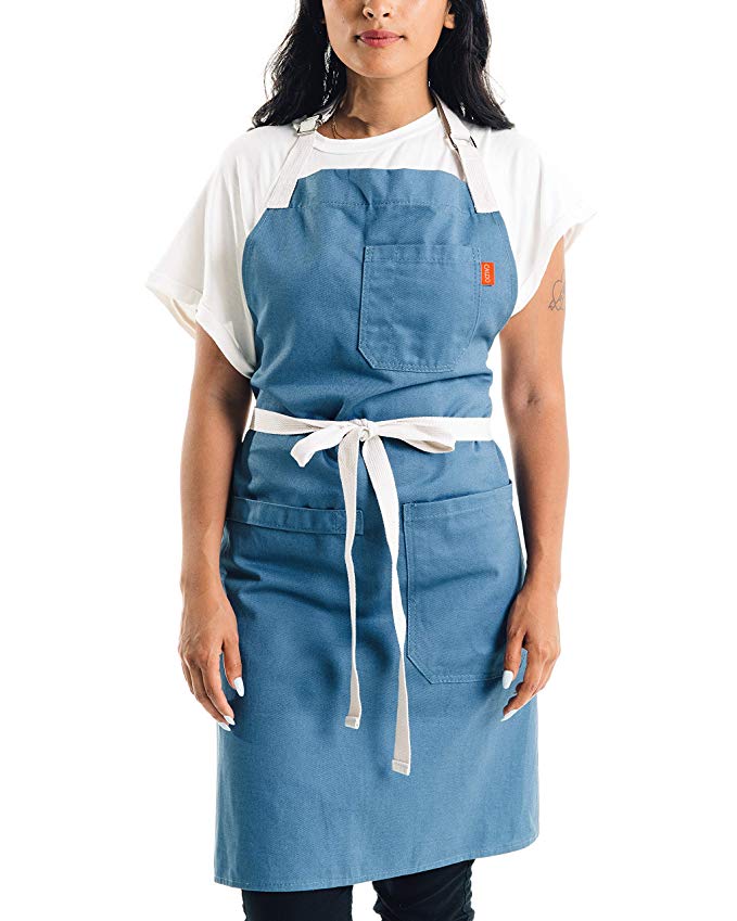 Caldo Cotton Kitchen Apron - Mens and Womens Professional Chef Bib Apron - Adjustable Straps with Pockets and Towel Loop (Vintage Blue)