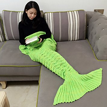 Mermaid Tail Blanket Crochet and Handmade Living Room All Seasons Sleeping Bags for Adults, Super Soft (71"x35.5", Wave Green)