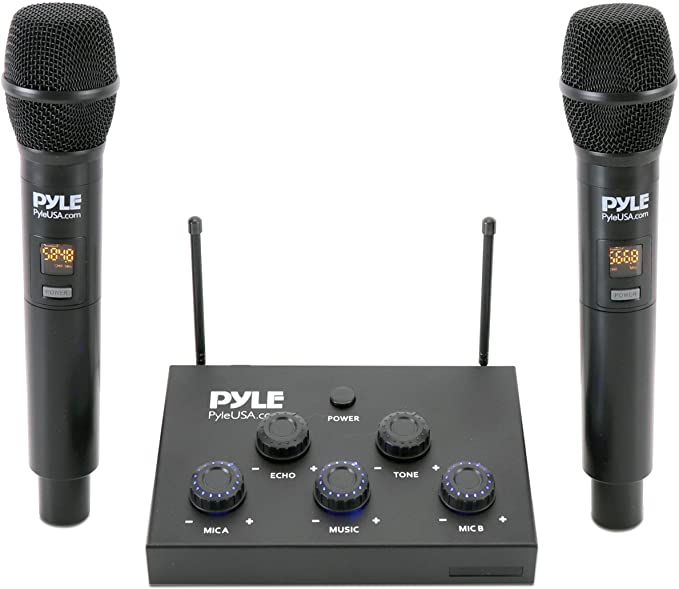 Wireless Karaoke Microphone Mixer System - 8-Channel Optical/Coaxial Input Mixer w/Digital UHF Wireless Mics, 3.5mm Input/Output, Works w/Home Theater, Receiver, Amplifier, Speaker - Pyle PDWMKHRD23