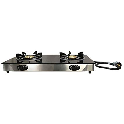 Double Steel Portable 2 Dual Burner Stove Range Propane Gas BBQ Tempered Glass Cooktop
