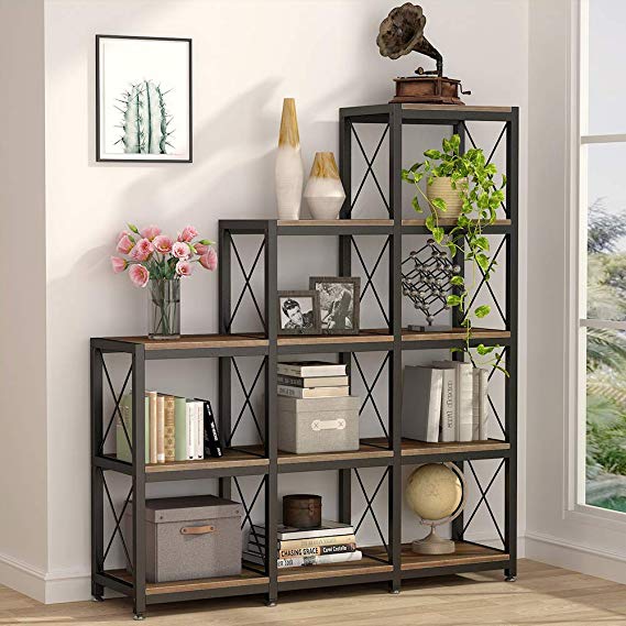 Tribesigns 12 Shelves Bookshelf, Industrial Ladder Corner Bookshelf 9 Cubes Stepped Etagere Bookcase, Rustic 5-Tier Display Shelf Storage Organizer for Home Office, Rustic Brown