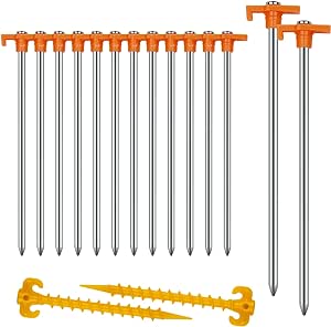 12 2PCS Tent Stakes Heavy Duty Camping Stakes,AVOFOREST 10Inch Non-Rust Metal Tent Pegs Ground Stakes Tent Spikes Camping,Garden,HikingOrange