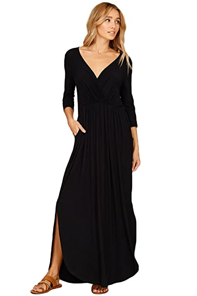 Annabelle Women's 3/4 Sleeve V Neck Wrap Waist Tie Long Maxi Dresses with Pockets