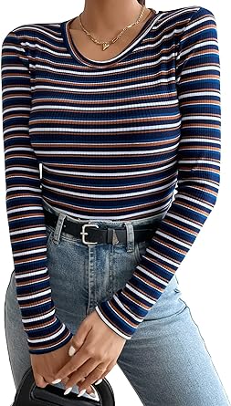 Milumia Women's Casual Striped Rib Knit Tee Long Sleeve Crew Neck T Shirts Work Tops