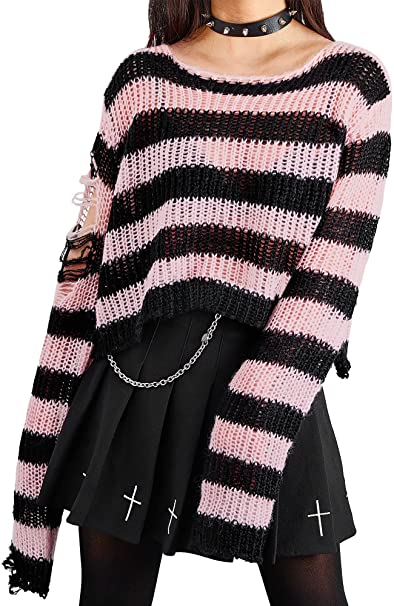 SATINIOR Women Punk Gothic Long Striped Sweater Loose Oversized Knitted Goth Pullover