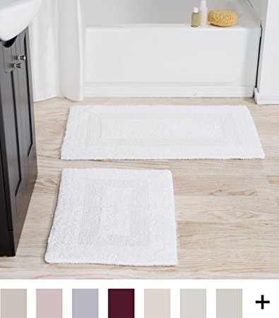 Cotton Bath Mat Set- 2 Piece 100 Percent Cotton Mats- Reversible, Soft, Absorbent and Machine Washable Bathroom Rugs By Lavish Home (White)