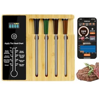 Wireless Meat Thermometer 4 Probes, 500FT Long Range Smart Bluetooth Meat Thermometer for iOS & Android, Digital Food Thermometer with LCD Display for BBQ, Oven, Grill, Kitchen, Smoker, Rotisserie