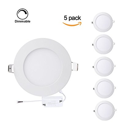 ProGreen Pack of 5 Units 12W Flat LED Panel Light, Dimmable Round Ultrathin LED Recessed Downlight, 960lm, Warm White 3000K, Cut Hole 6.1 Inch, Panel Ceiling Lighting with 110V LED Driver