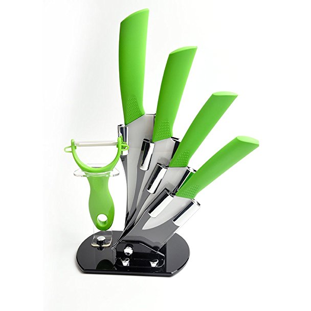 AMFOCUS Ceramic Knives Peeler Set Plus Stand, Kitchen Cutlery, Green