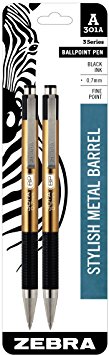 Zebra 301A Retractable Ballpoint Pen, 0.7mm, Gold Barrel, Black Ink, 2 Pack, (27542)