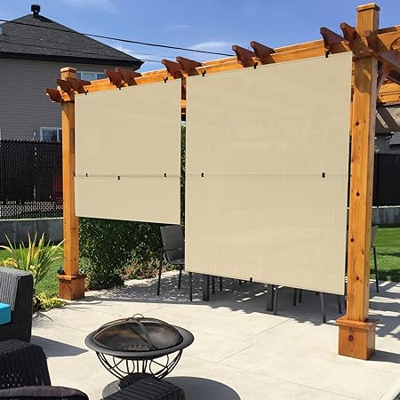 Windscreen4less 8'W x 6'H Sun Shade Curtain Foldable Shade Fabric UV Blockage for Deck Pergola Yard Gazebo Patio Outdoor Indoor (Beige)