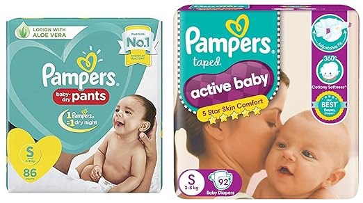 Pampers All round Protection Pants, Small size baby diapers (SM) 86 Count, Lotion with Aloe Vera & Active Baby Taped Diapers, Small size diapers, (SM) 92 count, taped style custom fit