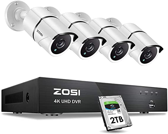 ZOSI 4K 8MP Ultra HD Security Camera System Outdoor,H.265  4K HD CCTV DVR with 2TB HDD,4pcs Wired 4K (8MP) Weatherproof Surveillance Cameras with 150ft Long Night Vision,Remote Access