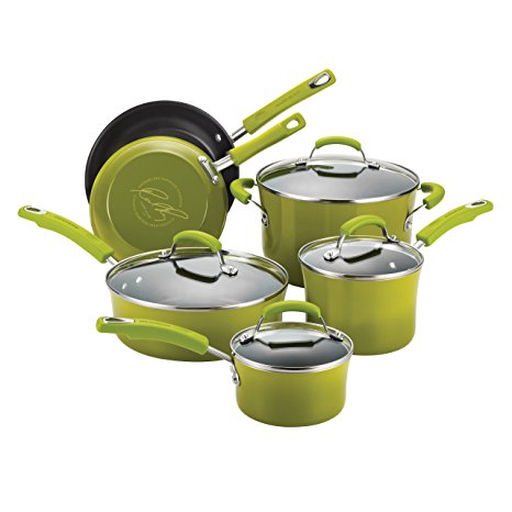 Rachael Ray Porcelain/Hard Enamel II Nonstick 10-Piece Cookware Set, Green Gradient