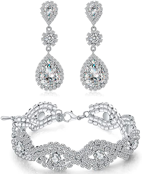 Paxuan Women Silver Rhinestone Crystal Wedding Bridal Choker Necklace Earrings Bracelet Jewelry Sets