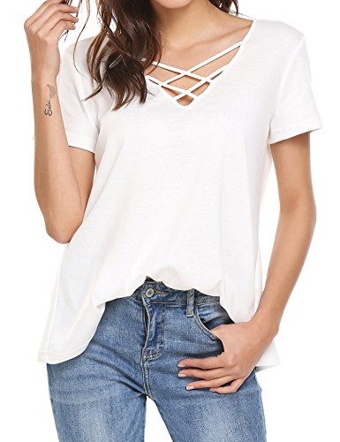 Showyoo Women's Casual Short Sleeve Solid Criss Cross Front V-Neck T-Shirt Tops