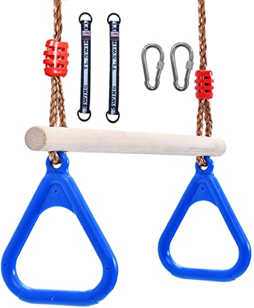 Flyzy Trapeze Swing bar with Rings Trapeze bar for Tree with Locking Carabiners&Tree Swing Hanging Straps for Indoor Jungle Gym Play Set and Outdoor Playground for Swingset ,Ninja line Backyard(Blue)
