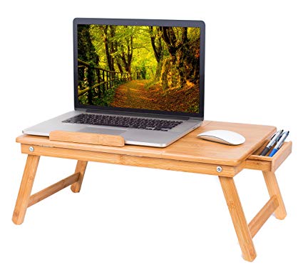 BirdRock Home Bamboo Laptop Bed Tray (Natural) | Multi-Position Adjustable Surface Lap Desk | Pull Down Legs | Storage Drawer