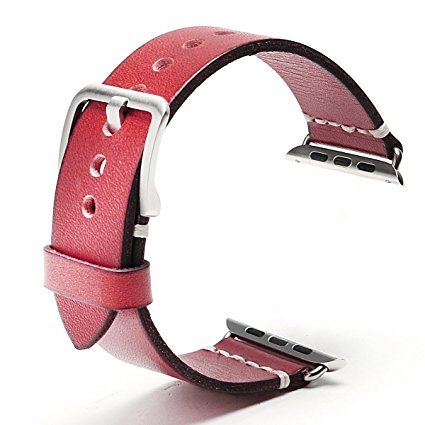 Apple Watch Band 38mm iWatch Band Strap Vintage Genuine Leather Replacement Wristband Bracelet with Metal Clasp Buckle for Apple Watch Series 1 Series 2 Sport Edition (Red)