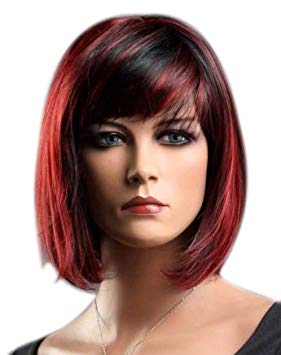 Kalyss Women's Synthetic Mix Black and Wine Red Short Bob Wig with Hair Bangs Cosplay Costume Wig for Women
