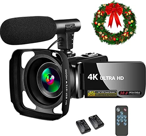 4K Video Camera Camcorder,Video Camcorder 30MP 18X Digital Zoom Touch Screen Webcam Vlogging Camera for YouTube with Microphone, 2 Batteries